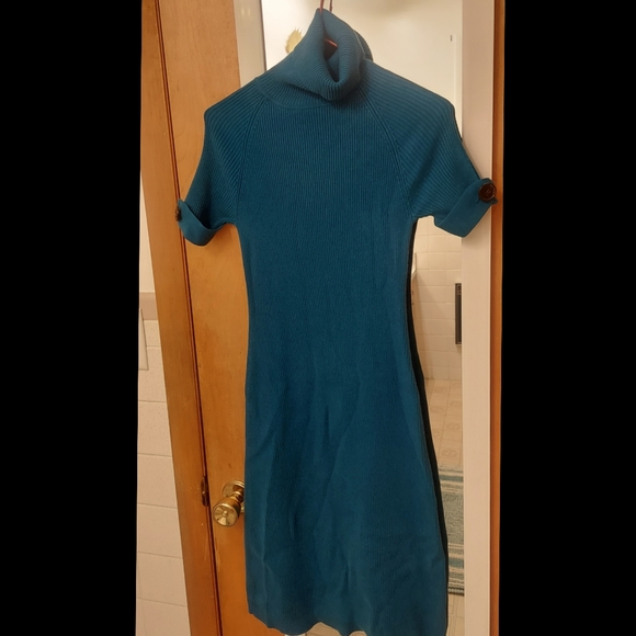 MODA International Ribbed Short Sleeved Turtleneck Teal Sweater Dress - Picture 2 of 5